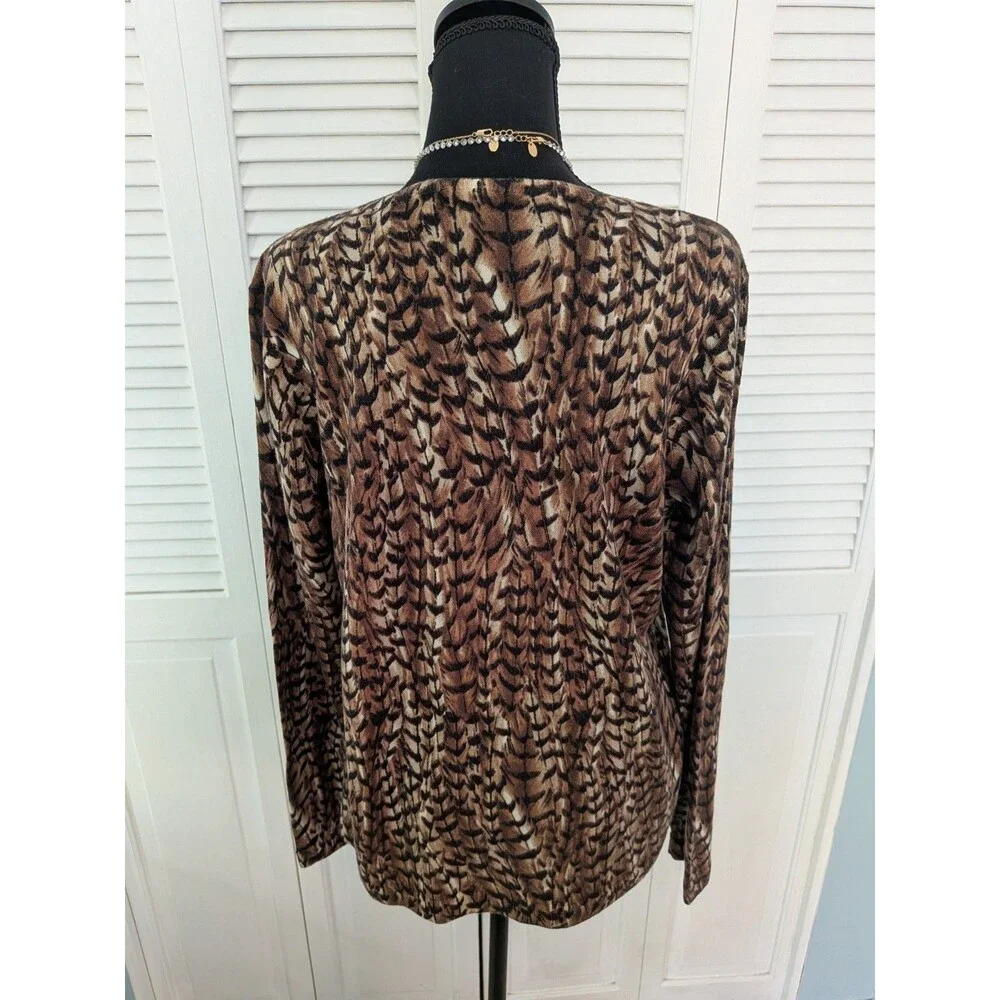 Talbots Pure Merino Wool Cardigan Sweater Womens XL Brown Feather Print Academia